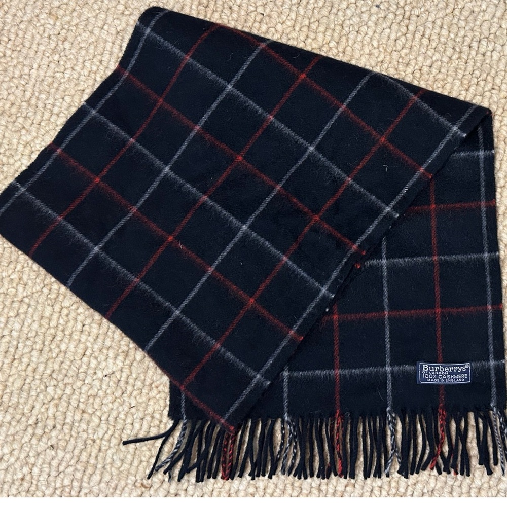 Authentic Burberry 100% Cashmere Check Navy Red & White Fringed Scarf WITH COA